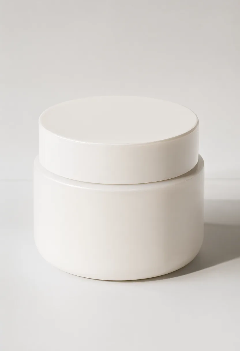 Rounded white skincare jar with a smooth lid on a light neutral background. (AI-generated)