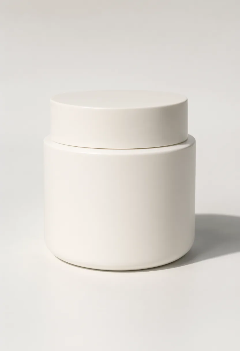 Plain white cosmetic cream jar with a matching lid on a light background. (AI-generated)