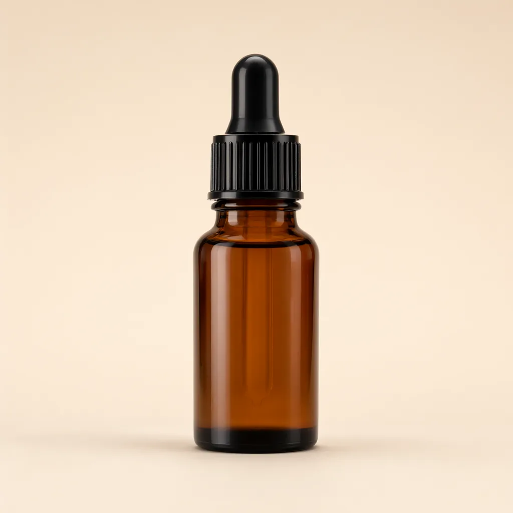 Small amber glass dropper bottle with a black ribbed cap on a beige background. (AI-generated)