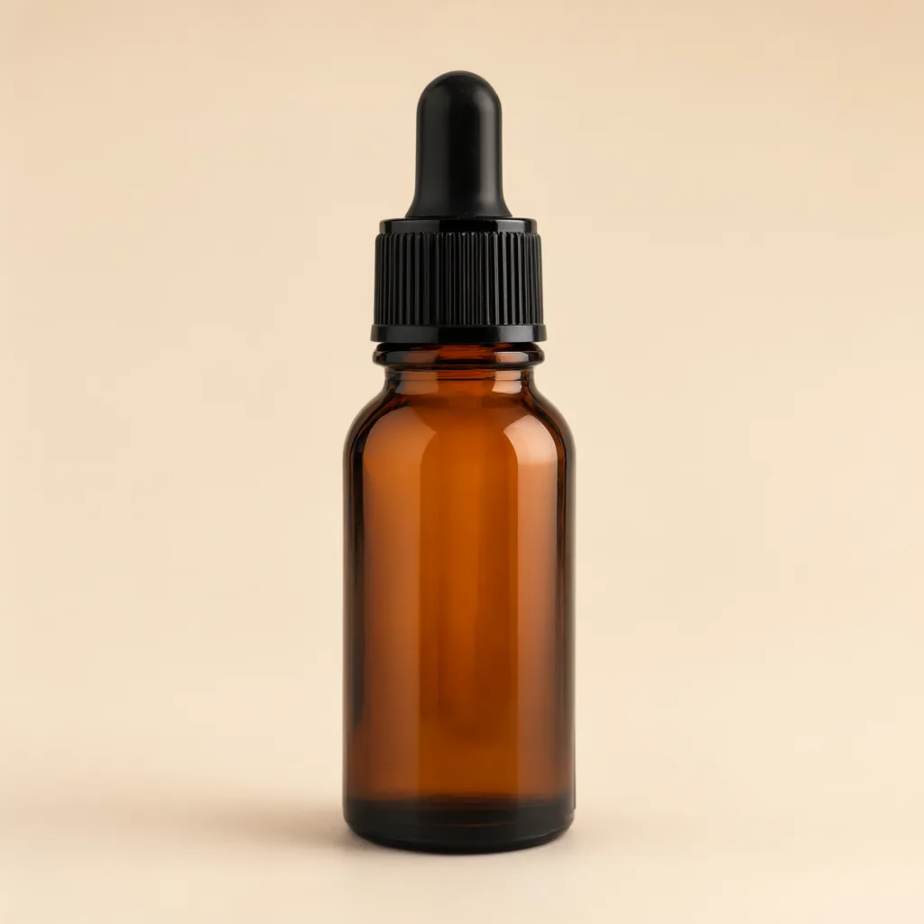 Blank amber glass dropper bottle with a black cap against a beige background. (AI-generated)