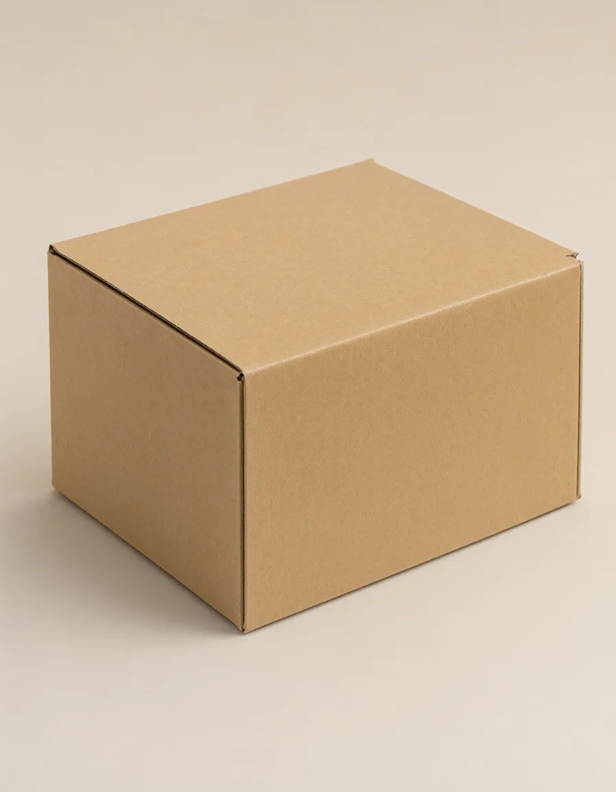 Plain brown kraft cardboard box on a light neutral background. (AI-generated)