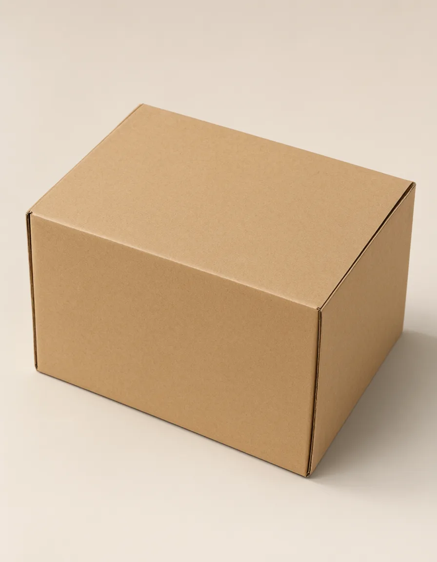 Plain brown rectangular cardboard box with an unprinted surface on a neutral background. (AI-generated)