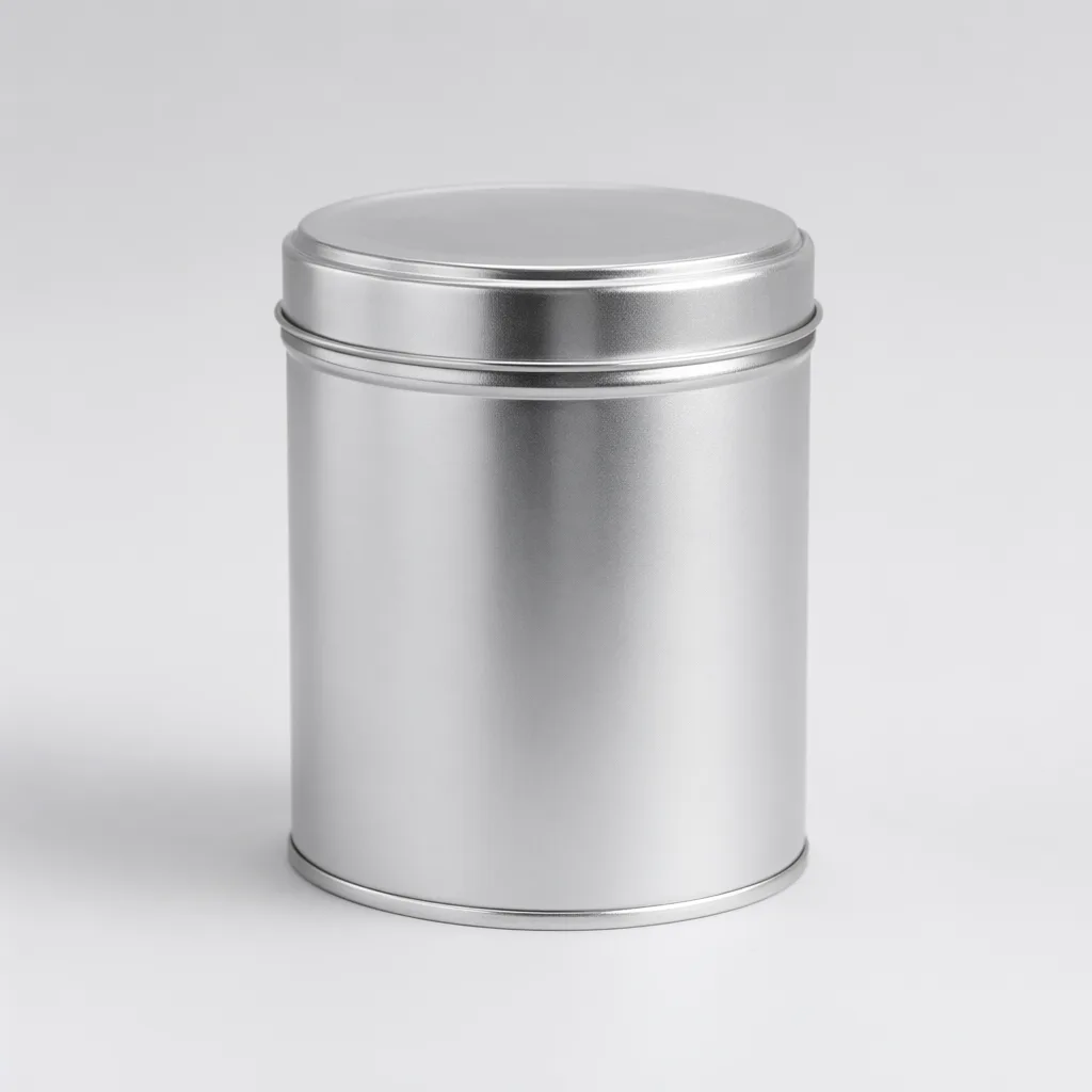 Plain round silver metal tin with a fitted lid and smooth metallic finish. (AI-generated)