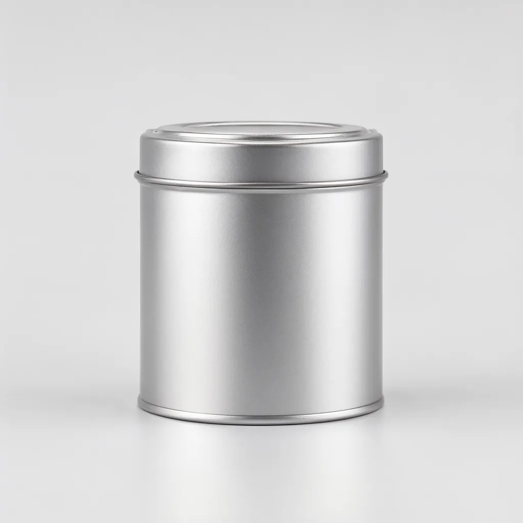 Plain cylindrical silver metal tin container with a fitted lid on a light background. (AI-generated)