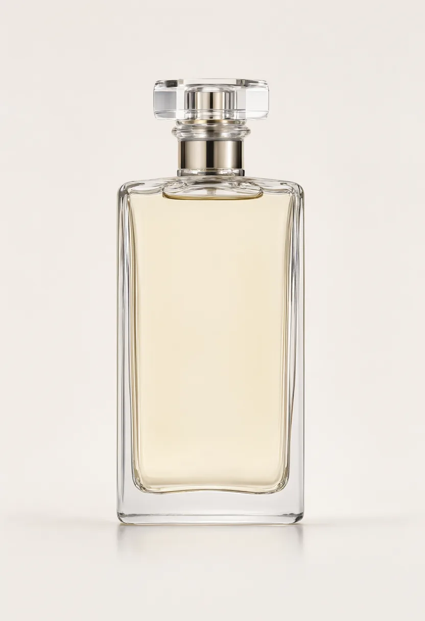 Minimal clear rectangular perfume bottle with a transparent cap and metallic spray nozzle. (AI-generated)