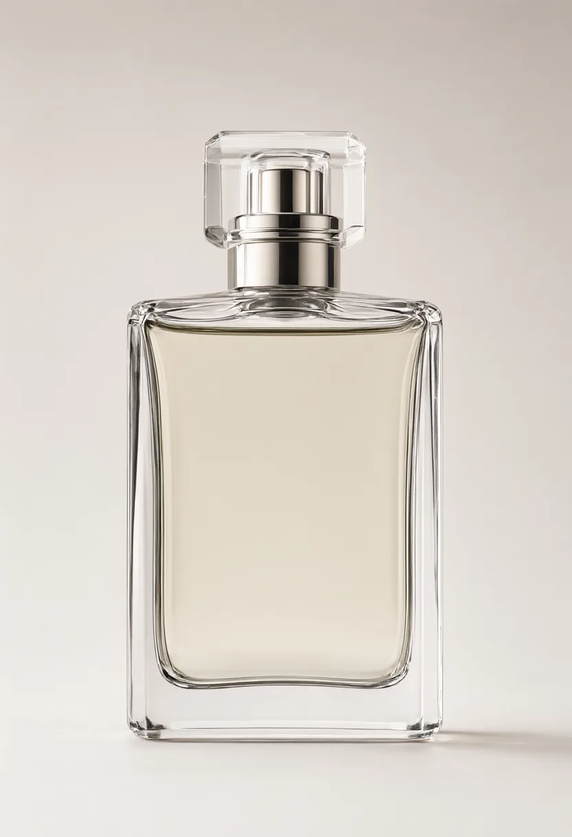 Blank rectangular clear glass perfume bottle with a transparent cap and silver spray nozzle. (AI-generated)