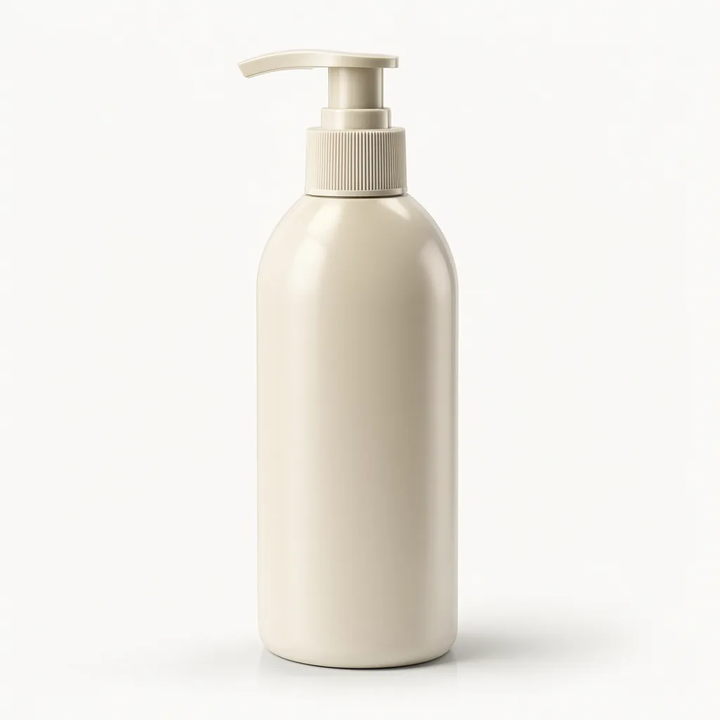 Blank beige pump bottle with a rounded body and matching dispenser on a light background. (AI-generated)