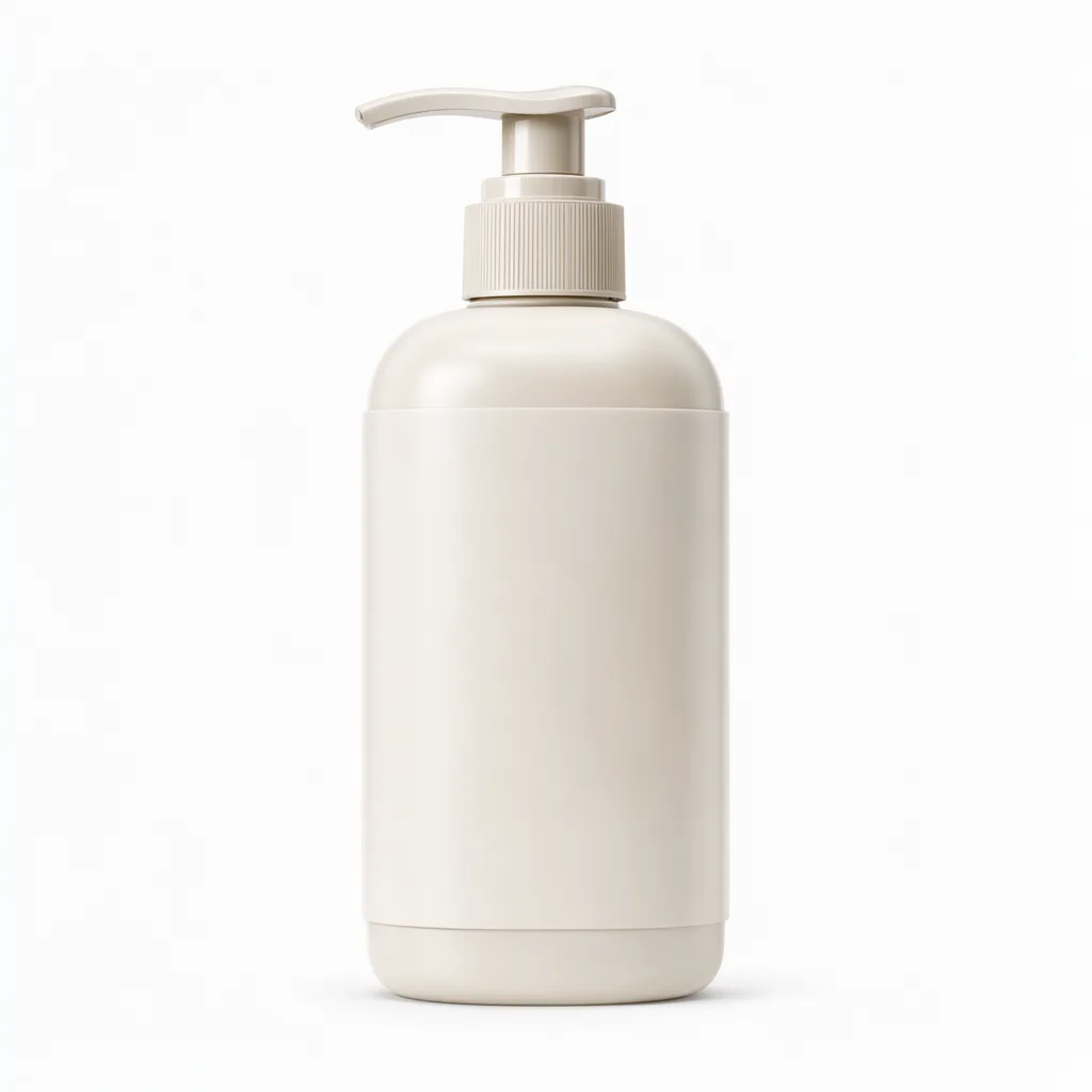 Plain beige cylindrical pump bottle with a matching dispenser on a light background. (AI-generated)