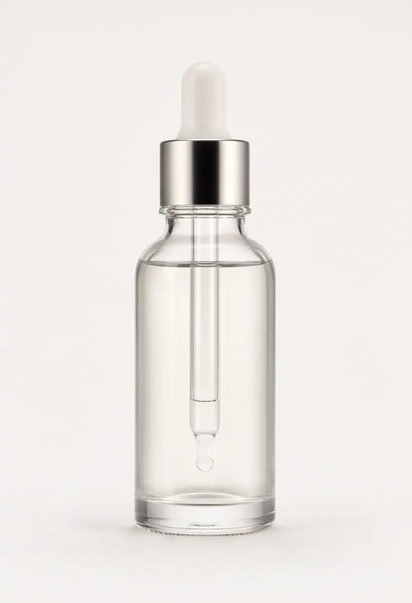 Transparent glass dropper bottle with a silver cap and white bulb viewed from the front. (AI-generated)