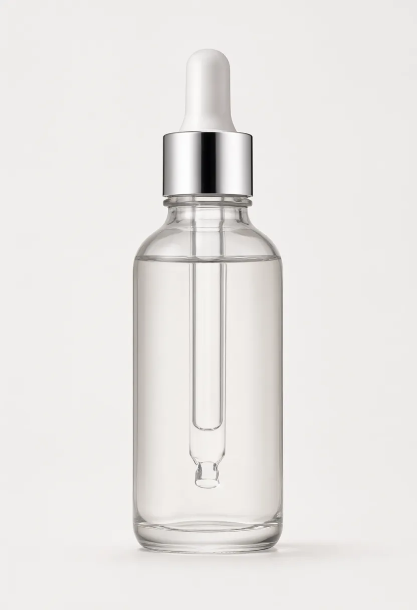 Clear glass dropper bottle with a silver cap and white rubber bulb on a light background. (AI-generated)