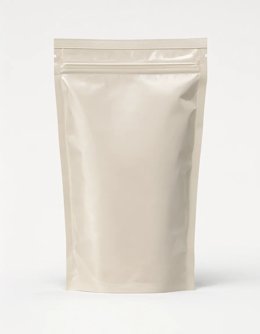 Plain white stand-up pouch with a resealable zip closure on a light background. (AI-generated)