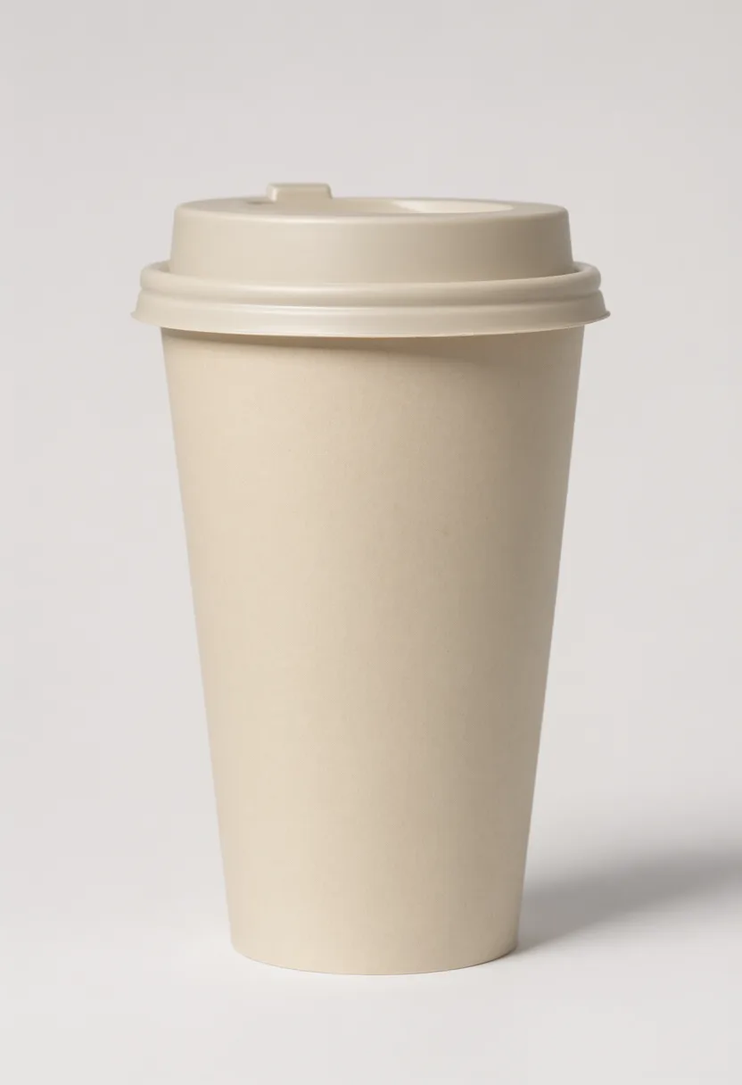 Plain beige paper coffee cup with a matching lid viewed from the front on a light background. (AI-generated)