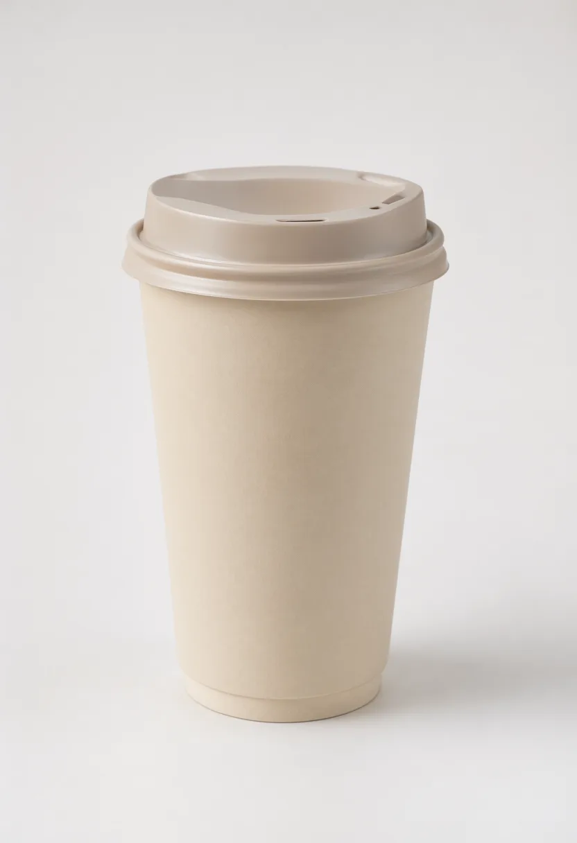 Plain beige disposable paper coffee cup with a matching lid on a light background. (AI-generated)