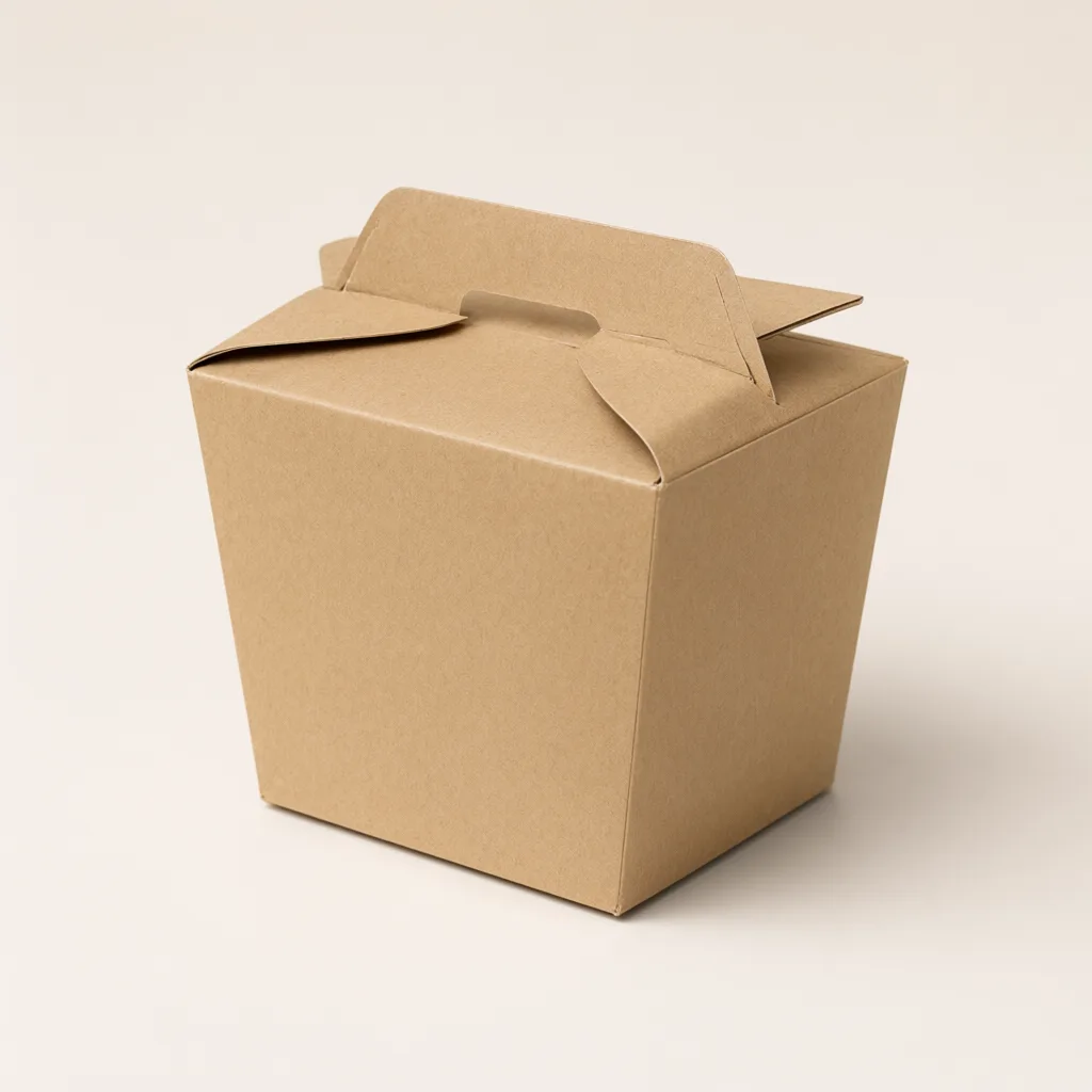 Blank kraft takeaway box with a built-in cardboard handle on a neutral background. (AI-generated)