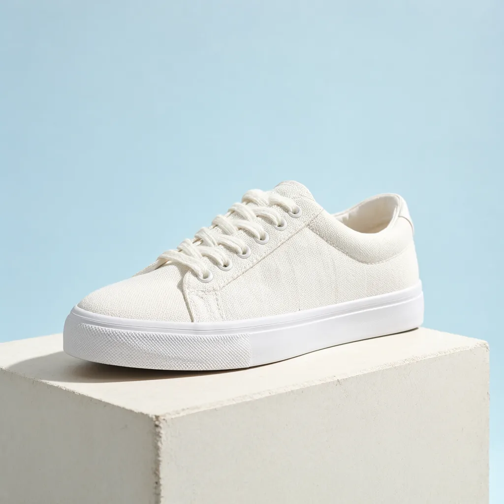 White canvas sneaker with white laces and a rubber sole displayed on a light pedestal against a blue background. (AI-generated)