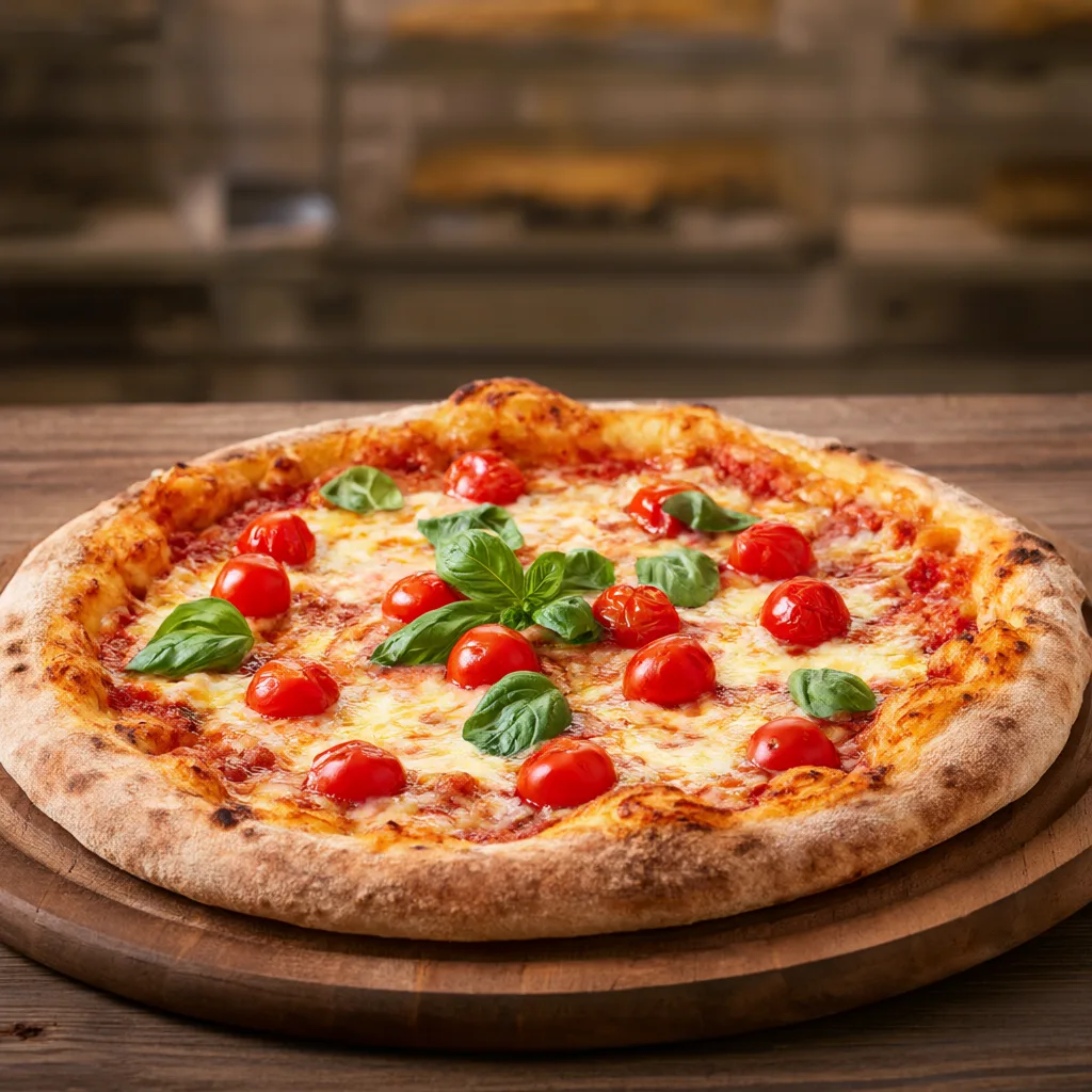 Margherita pizza topped with melted cheese, cherry tomatoes, and fresh basil on a wooden board. (AI-generated)