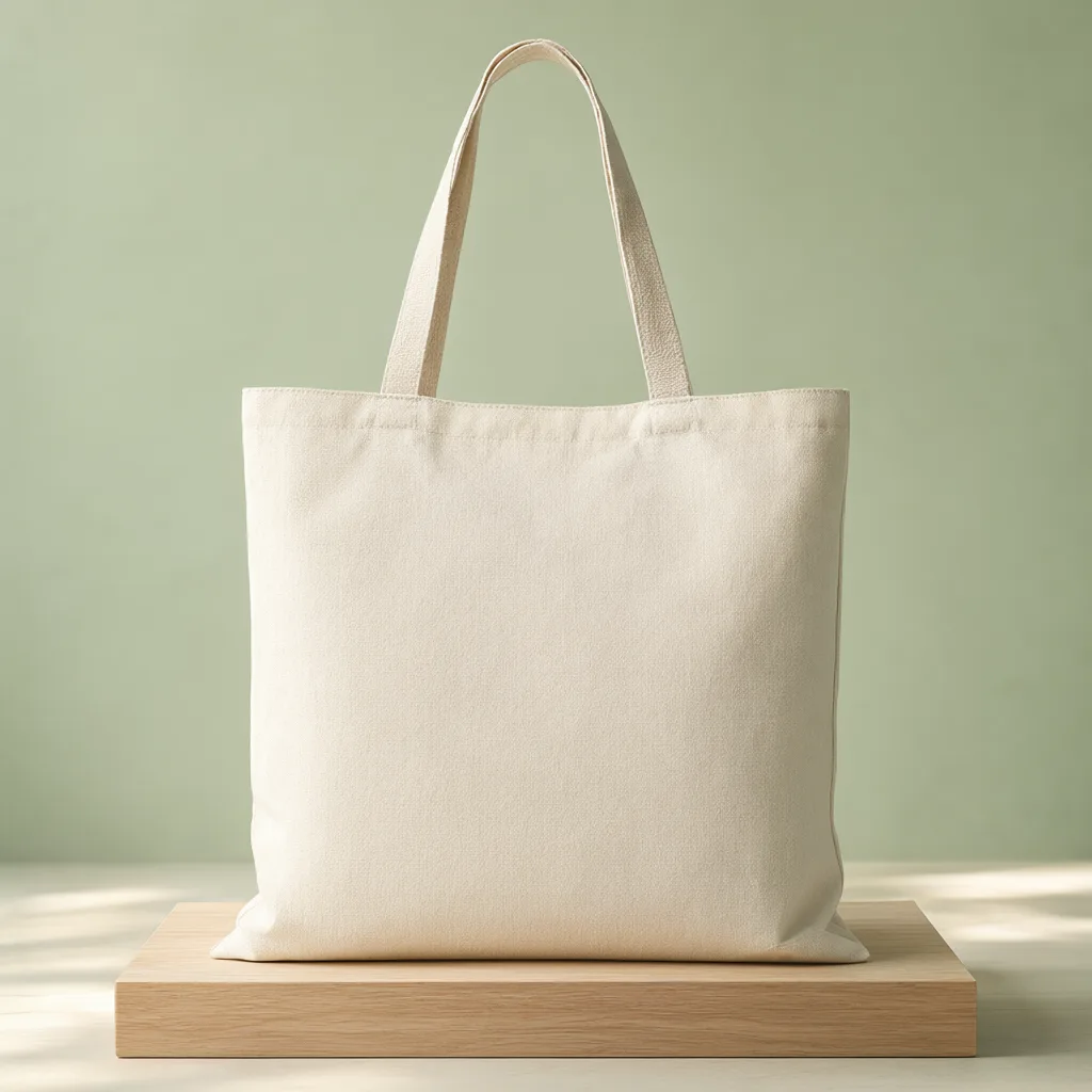 A blank beige canvas tote bag displayed on a wooden platform against a sage green background. (AI-generated)