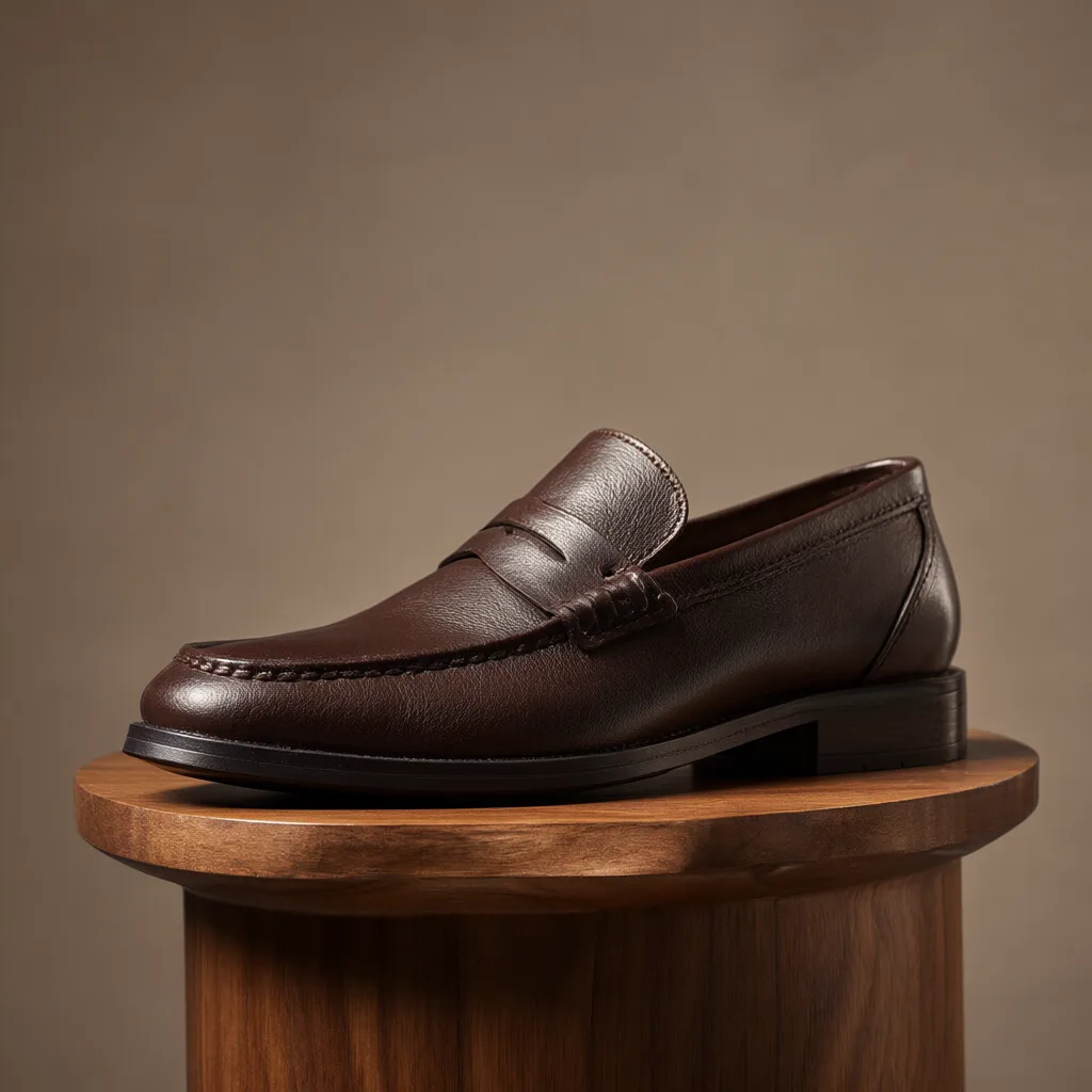 A brown leather loafer displayed on a round wooden pedestal against a warm brown background. (AI-generated)