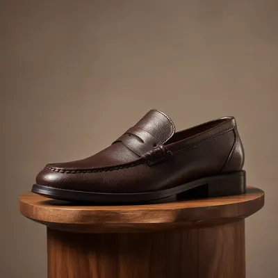 Elegant Brown Leather Loafer on Wooden Display