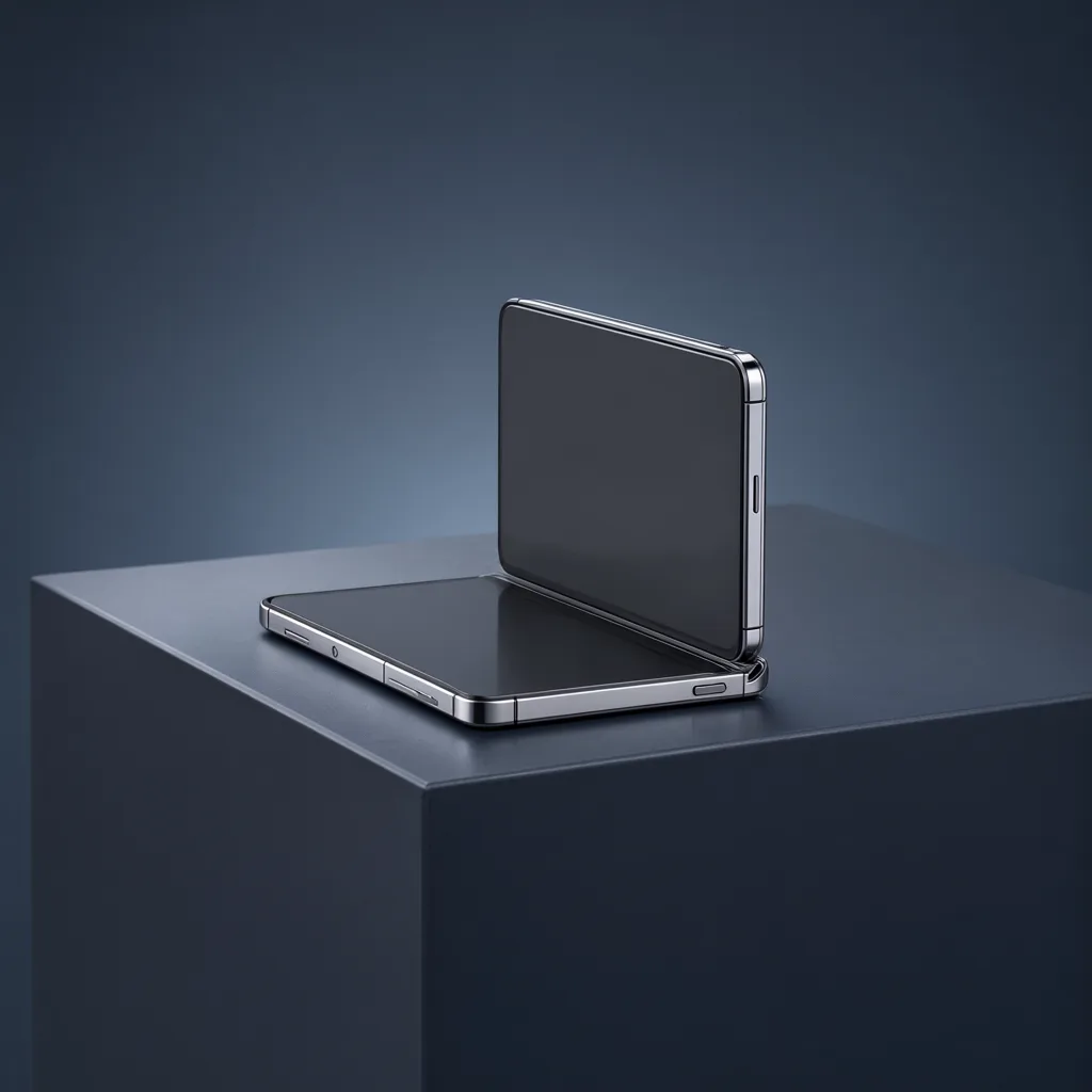 A modern foldable smartphone opened on a dark blue display platform in a studio. (AI-generated)