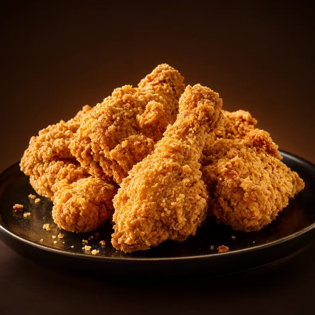 A pile of golden crispy fried chicken pieces on a black plate with a dark background. (AI-generated)