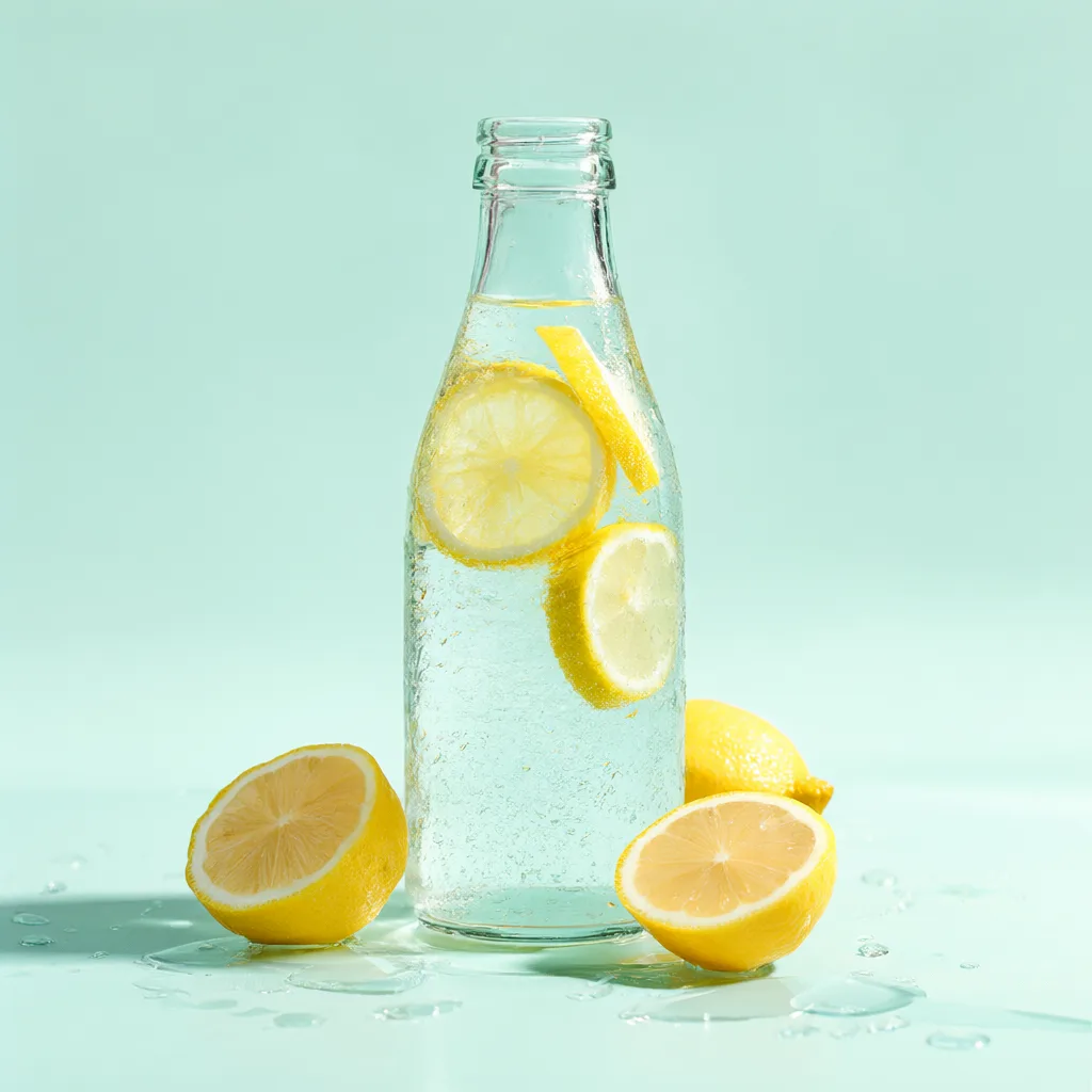Glass bottle of sparkling water with lemon slices and fresh lemons on a mint green background. (AI-generated)