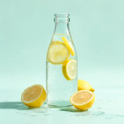 Fresh Lemon Sparkling Water in Glass Bottle