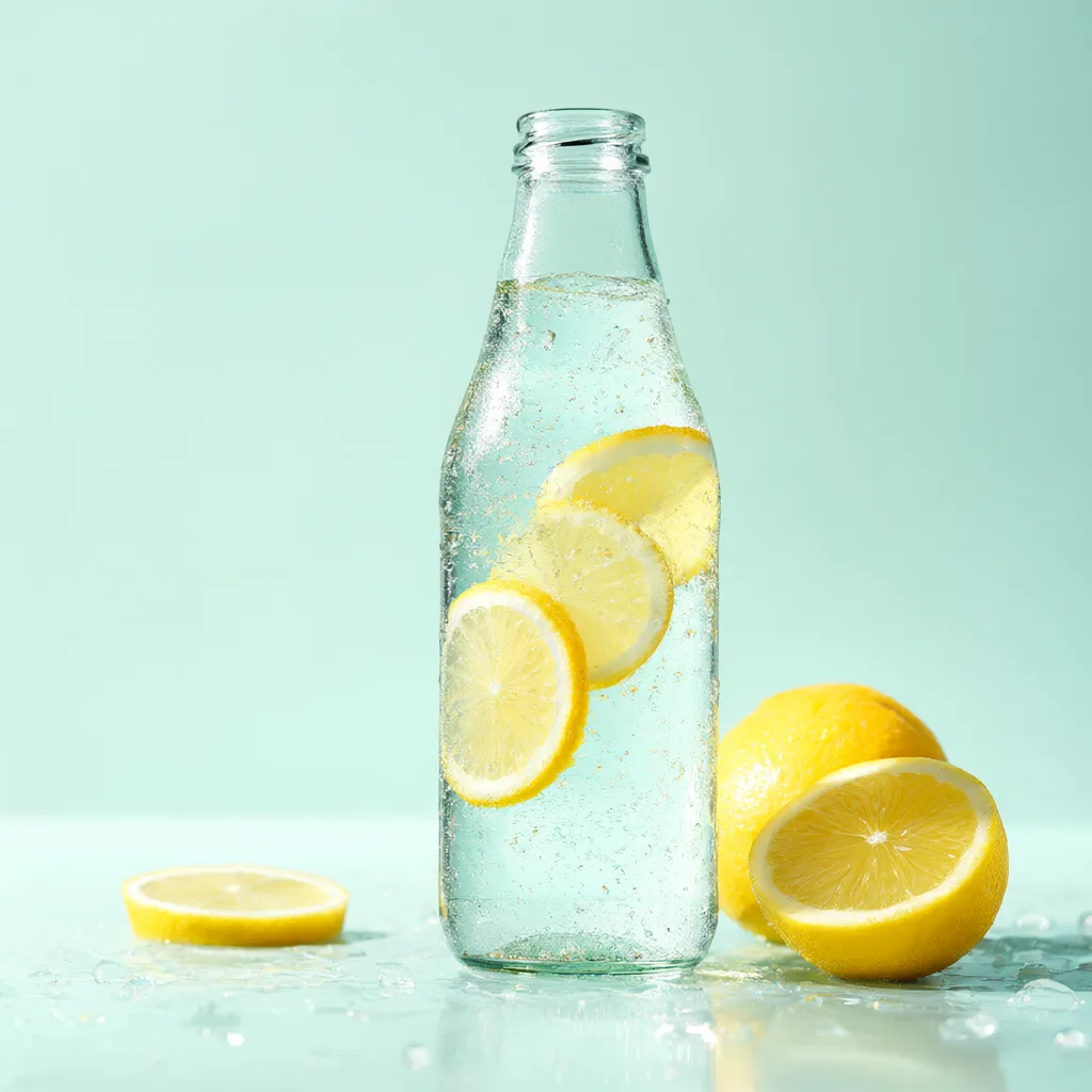 Clear bottle of sparkling water with lemon slices and fresh lemons on a mint green background. (AI-generated)