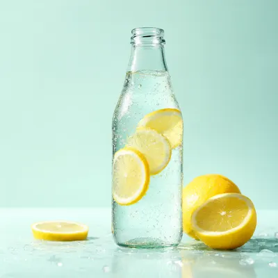 Lemon Sparkling Water in a Clear Glass Bottle