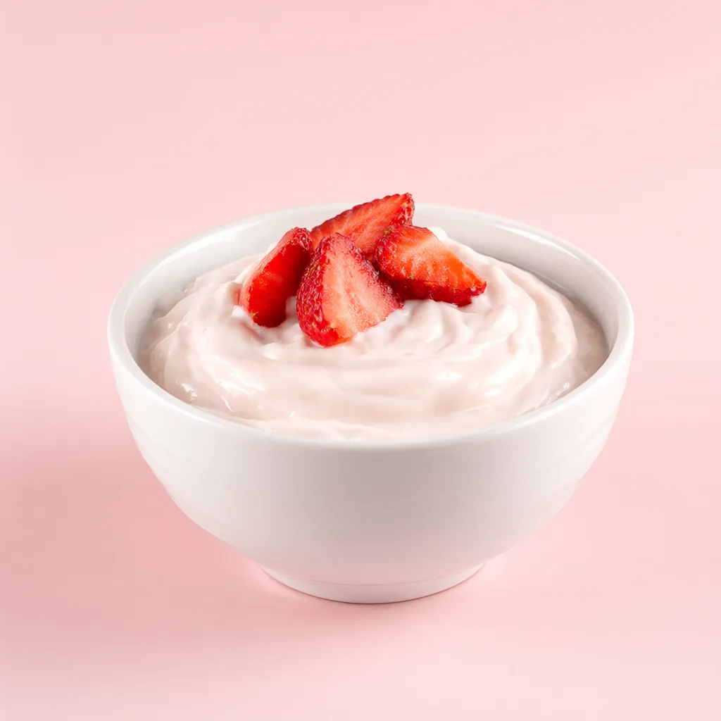White bowl of creamy yogurt topped with fresh strawberry slices on a pink background. (AI-generated)