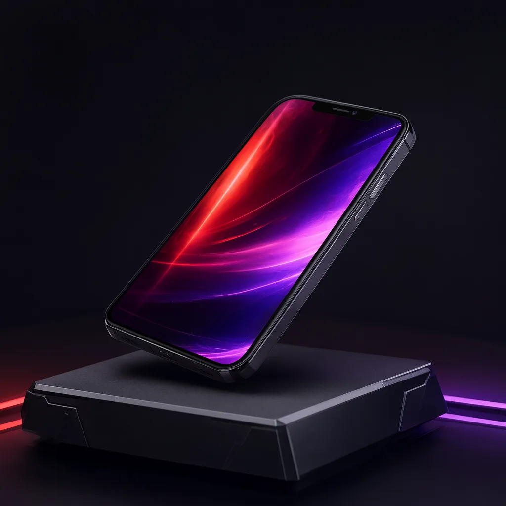 Black smartphone tilted on a dark platform with vibrant red and purple neon lighting. (AI-generated)