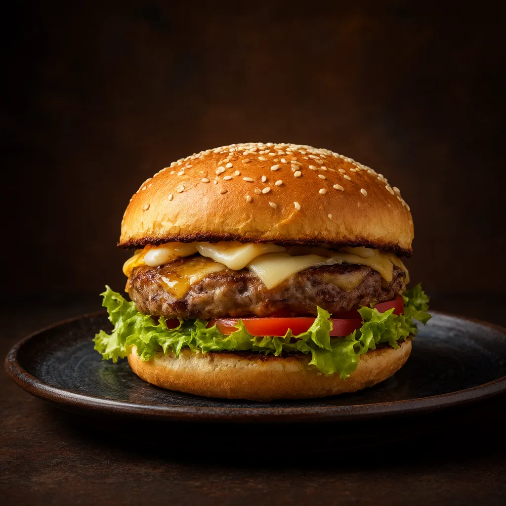 Gourmet cheeseburger with melted cheese, lettuce, tomato, and a sesame seed bun. (AI-generated)