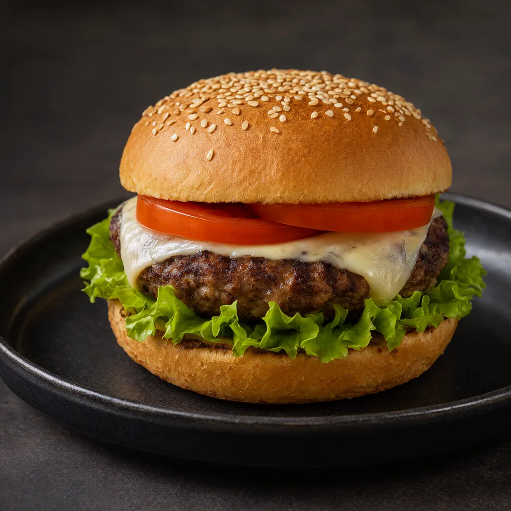 Classic beef cheeseburger with lettuce, tomato, and melted cheese on a black plate. (AI-generated)
