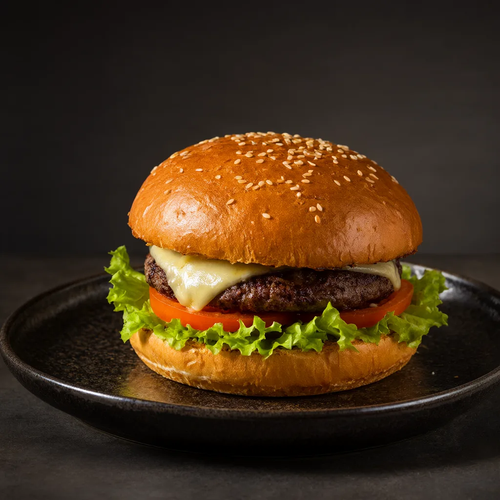 Gourmet beef burger with melted cheese, lettuce, and tomato on a black plate. (AI-generated)