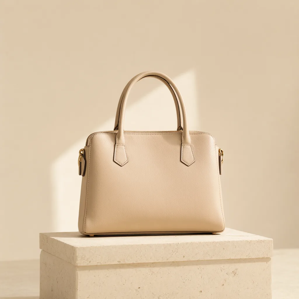 Beige handbag on a light stone pedestal illuminated by soft natural sunlight. (AI-generated)