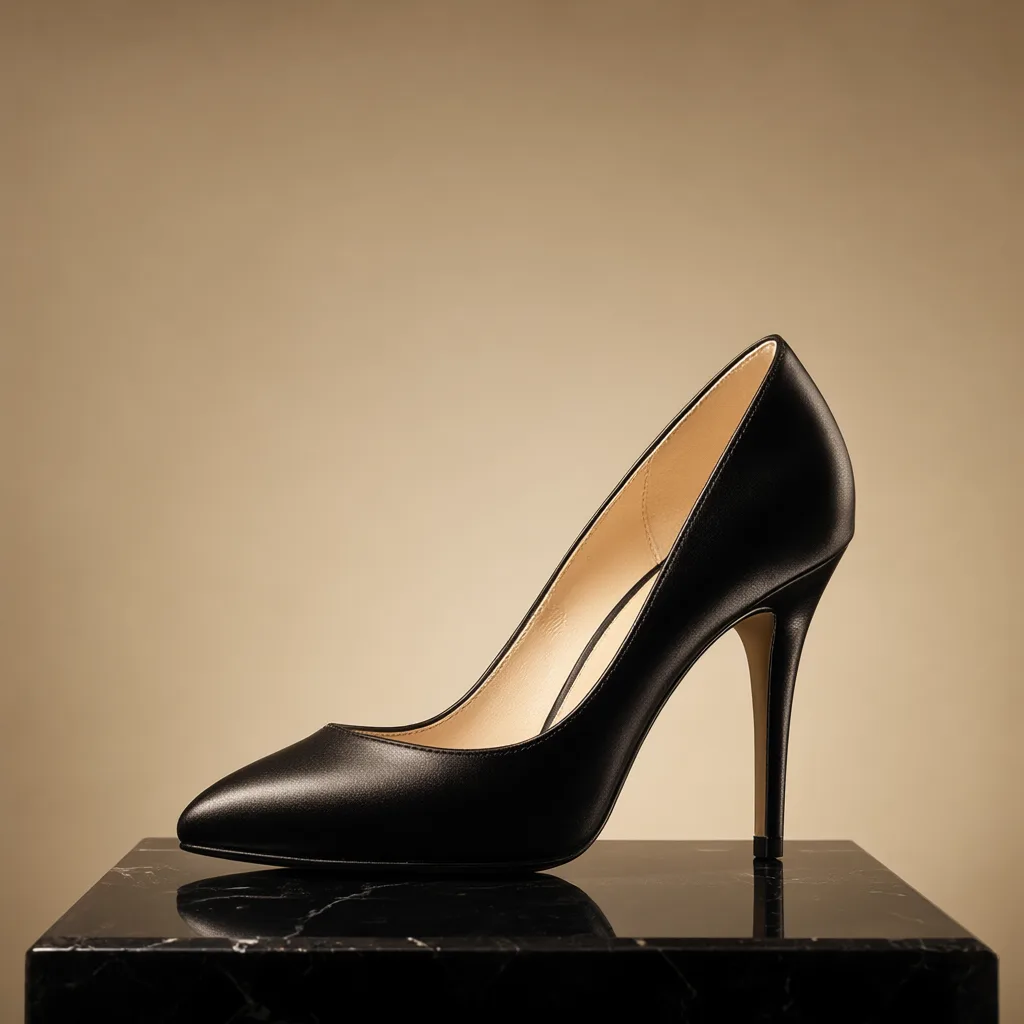 Black high heel shoe displayed on a glossy black marble platform against a beige background. (AI-generated)