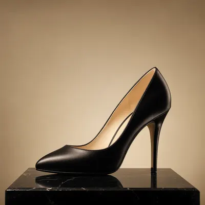Black High Heel Shoe on Glossy Marble Display