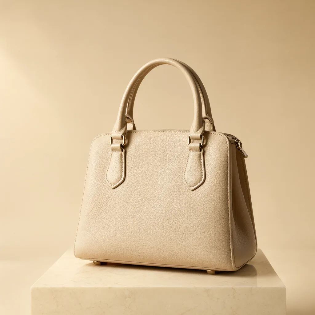 Beige handbag displayed on a stone pedestal with warm sunlight and a neutral background. (AI-generated)