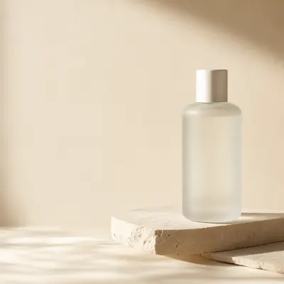 Minimal Frosted Cosmetic Bottle on Beige Stone