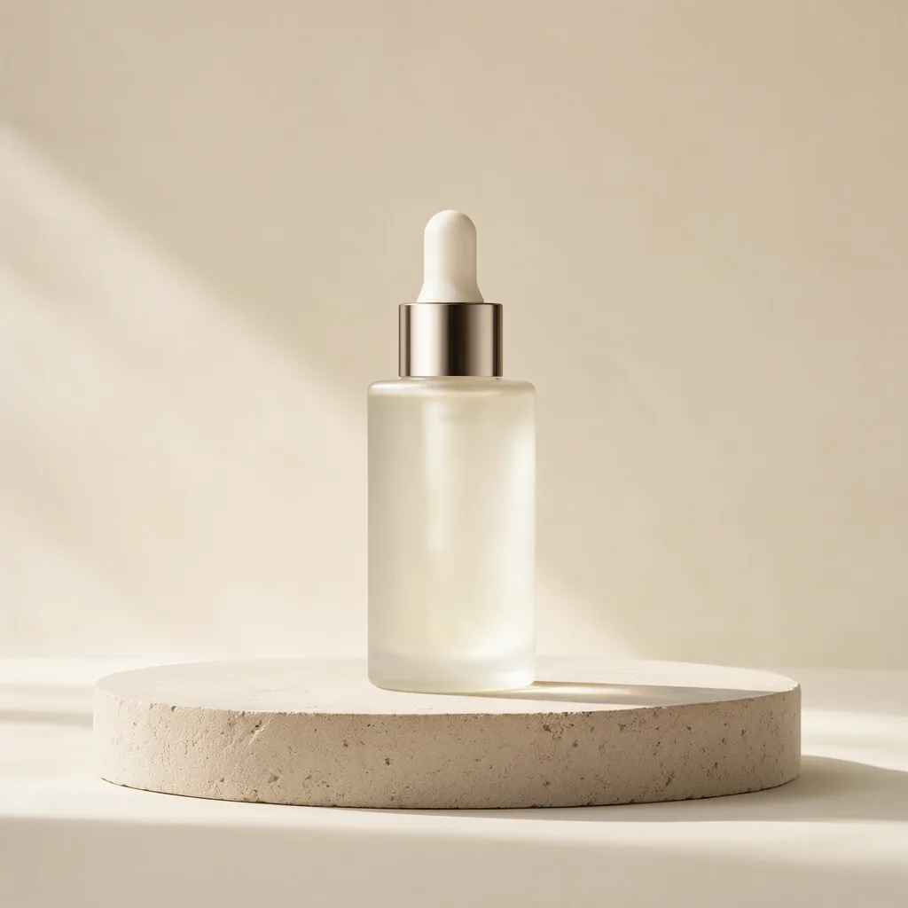 Frosted glass serum bottle with a metallic dropper cap on a beige stone pedestal in soft natural light. (AI-generated)
