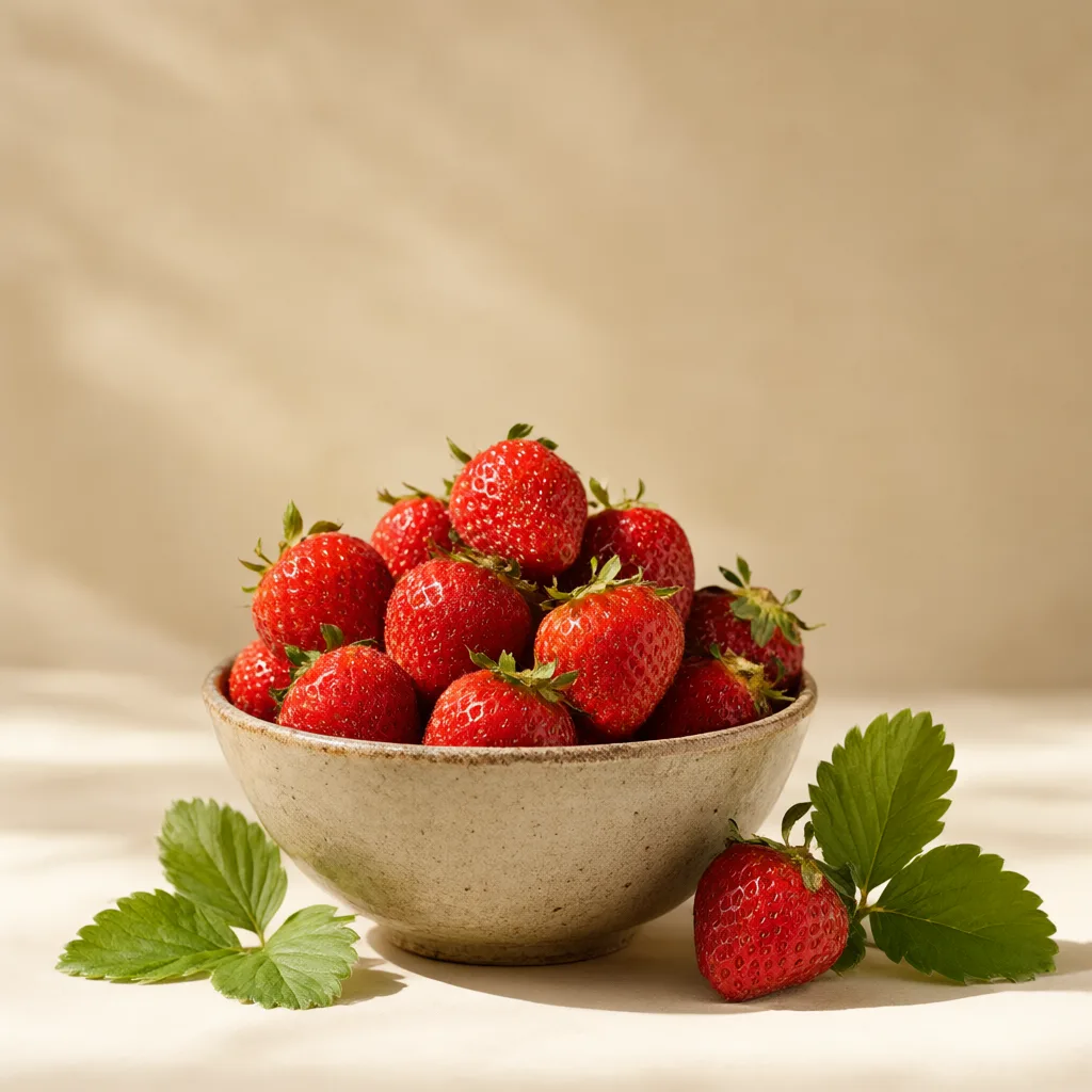 Ripe red strawberries in a ceramic bowl with fresh green leaves on a warm neutral background. (AI-generated)