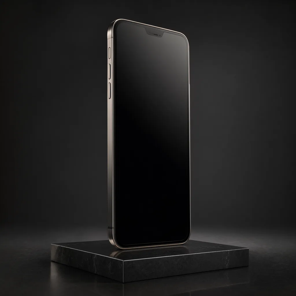 Black smartphone standing on a dark stone pedestal in a minimalist studio setting. (AI-generated)
