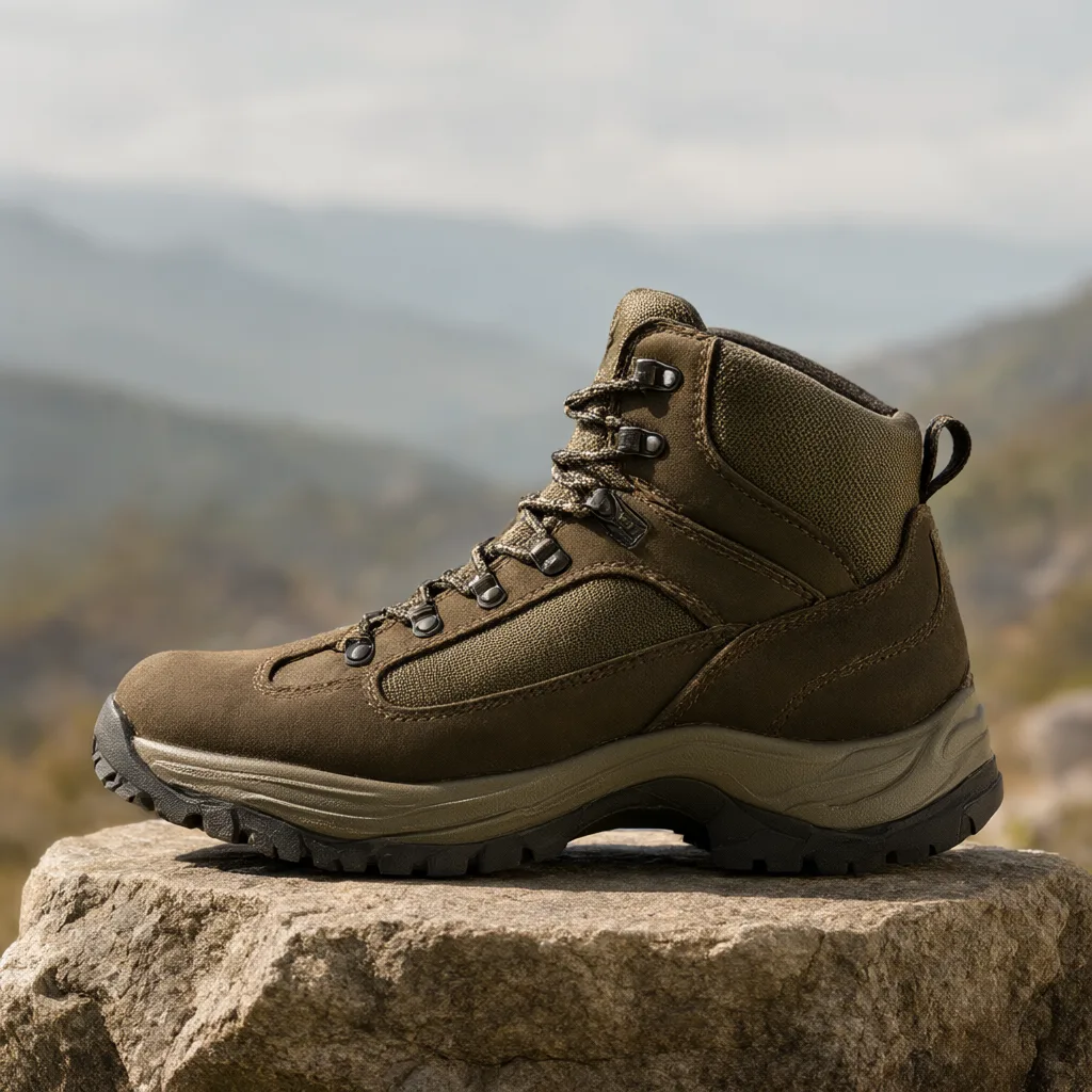 Brown hiking boot displayed on a rock with a softly blurred mountain landscape in the background. (AI-generated)