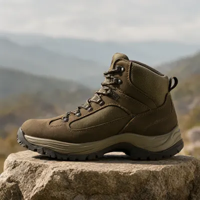 Brown Hiking Boot on a Mountain Rock
