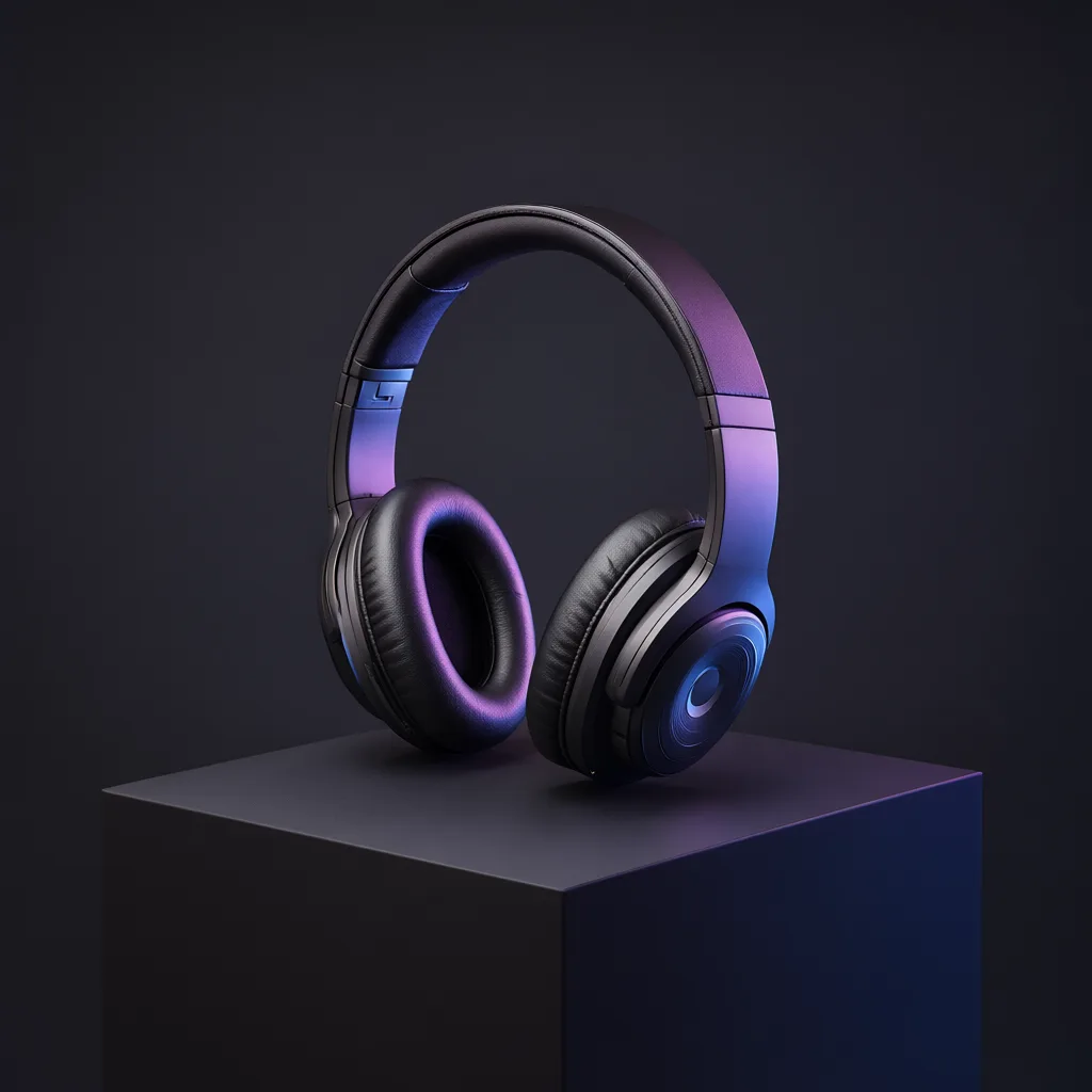Modern black wireless headphones displayed against a dark background with blue and purple highlights. (AI-generated)