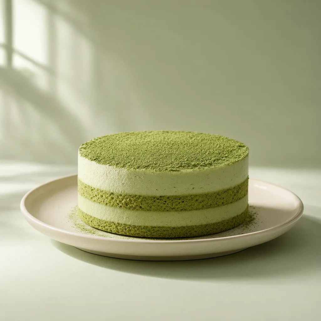 Green matcha layer cake on a ceramic plate in soft natural light. (AI-generated)