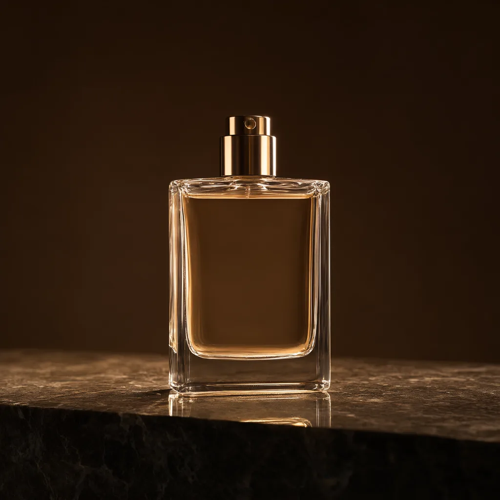 Minimal glass perfume bottle standing on a dark stone platform under warm lighting. (AI-generated)