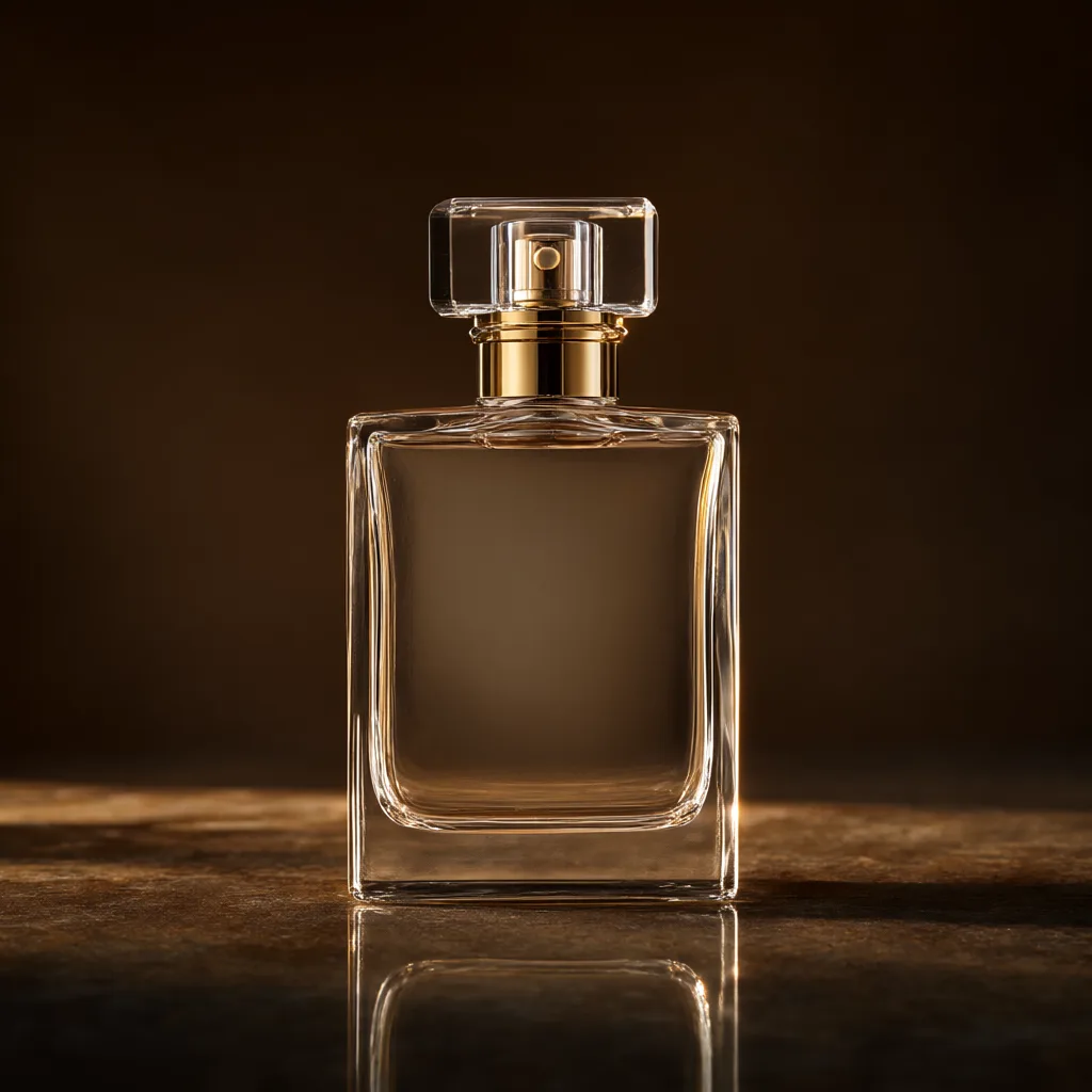 Luxury glass perfume bottle illuminated by warm golden light against a dark background. (AI-generated)