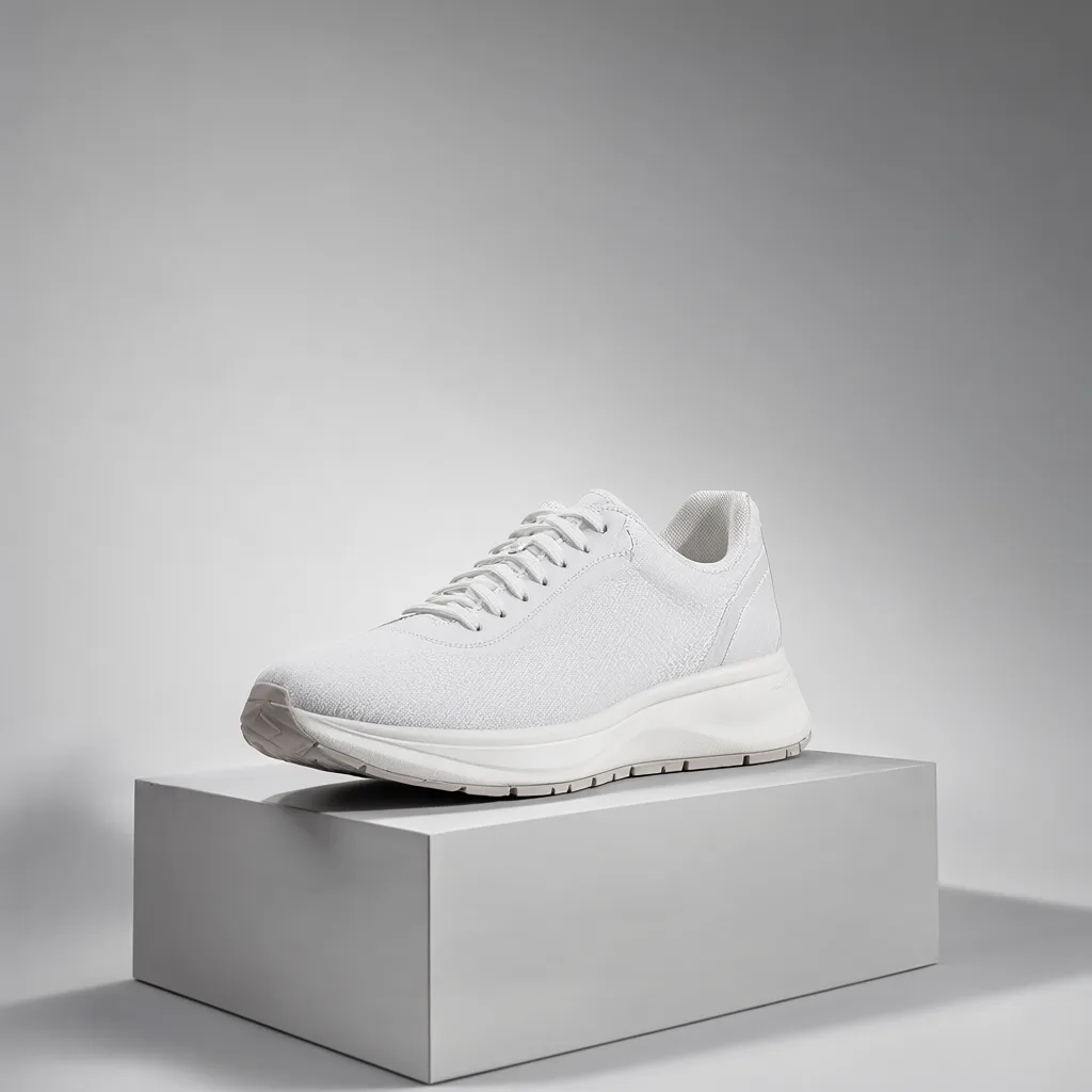 Minimal white sneaker displayed on a geometric gray pedestal in a neutral studio. (AI-generated)