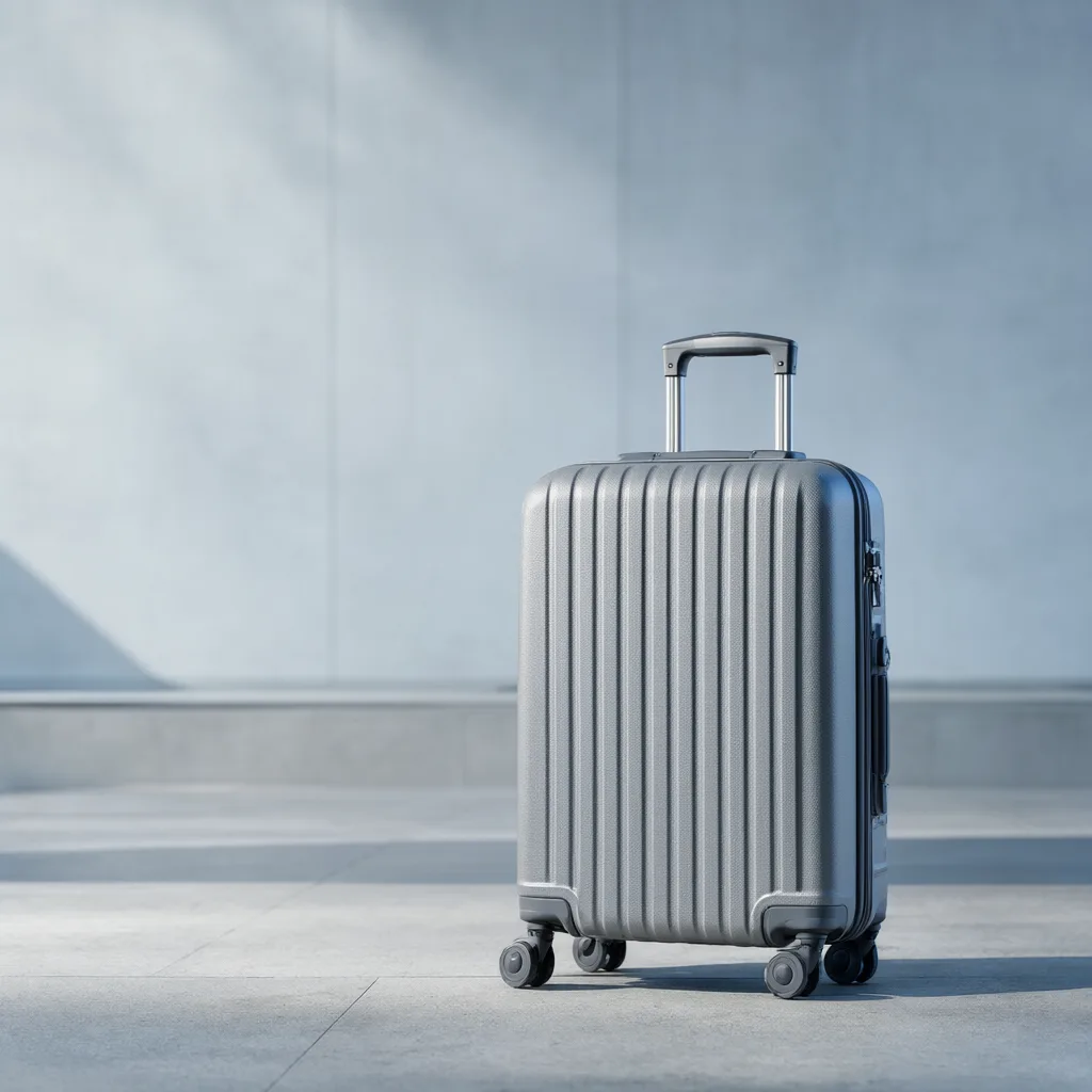 Silver hard-shell carry-on suitcase standing in a modern minimalist setting. (AI-generated)